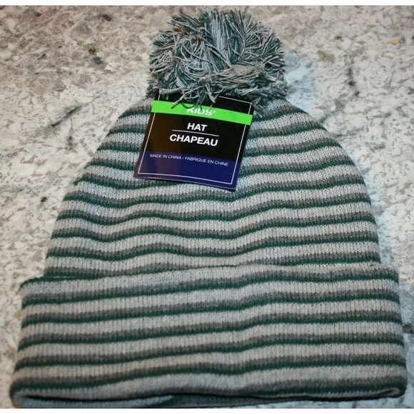 KID'S STRIPED WINTER POM POM HAT GREEN & GRAY STRIPPED WARM NEW BOY'S GIRL'S - Picture 1 of 2